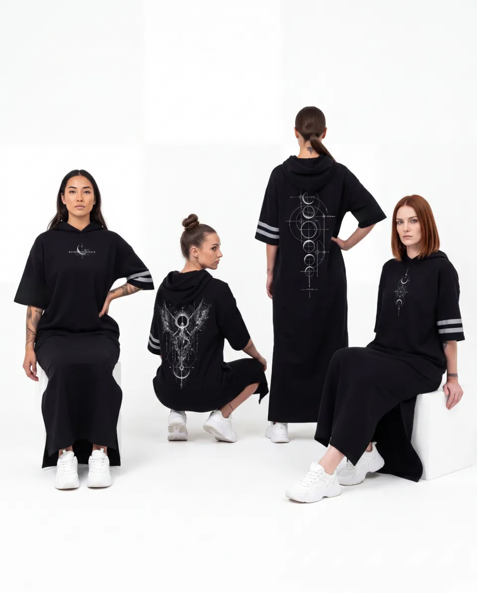 Four women wearing the NOX hooded full-length maxi