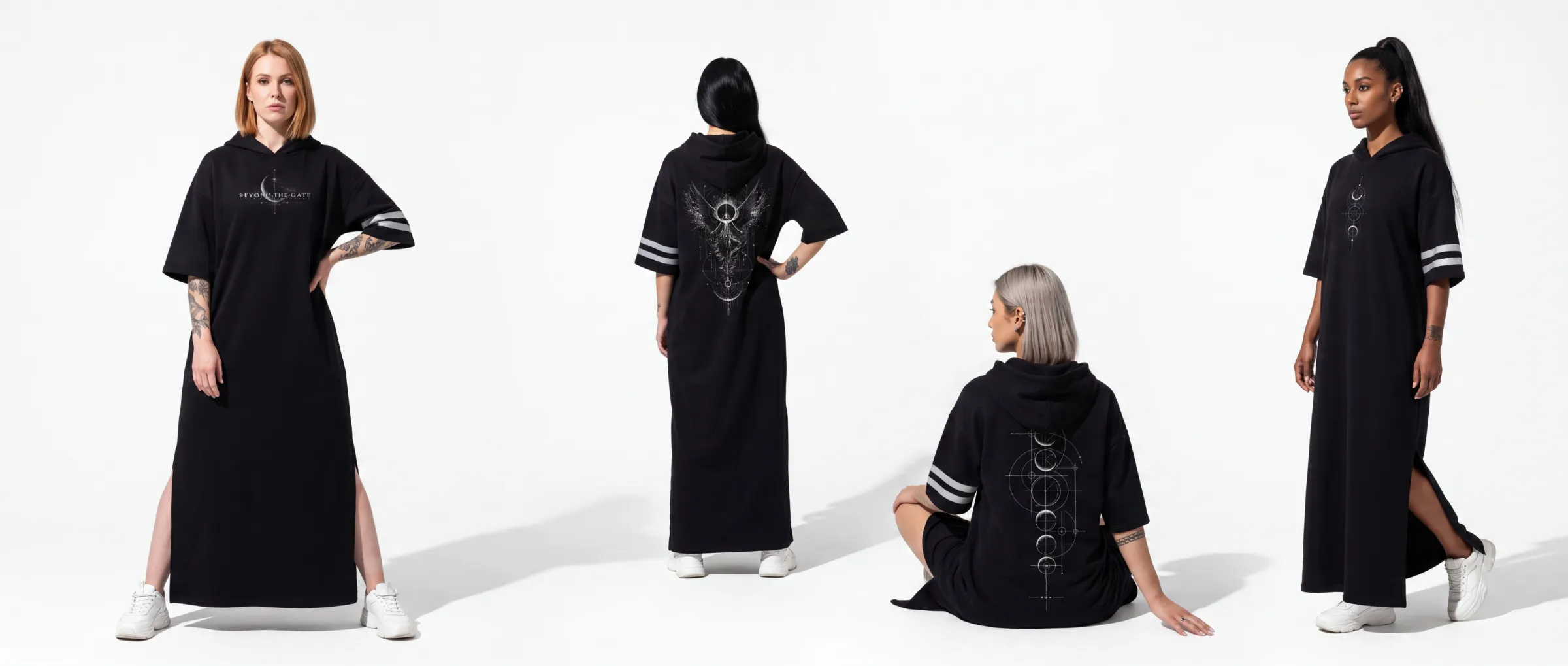 Four women in NOX hooded maxi dresses